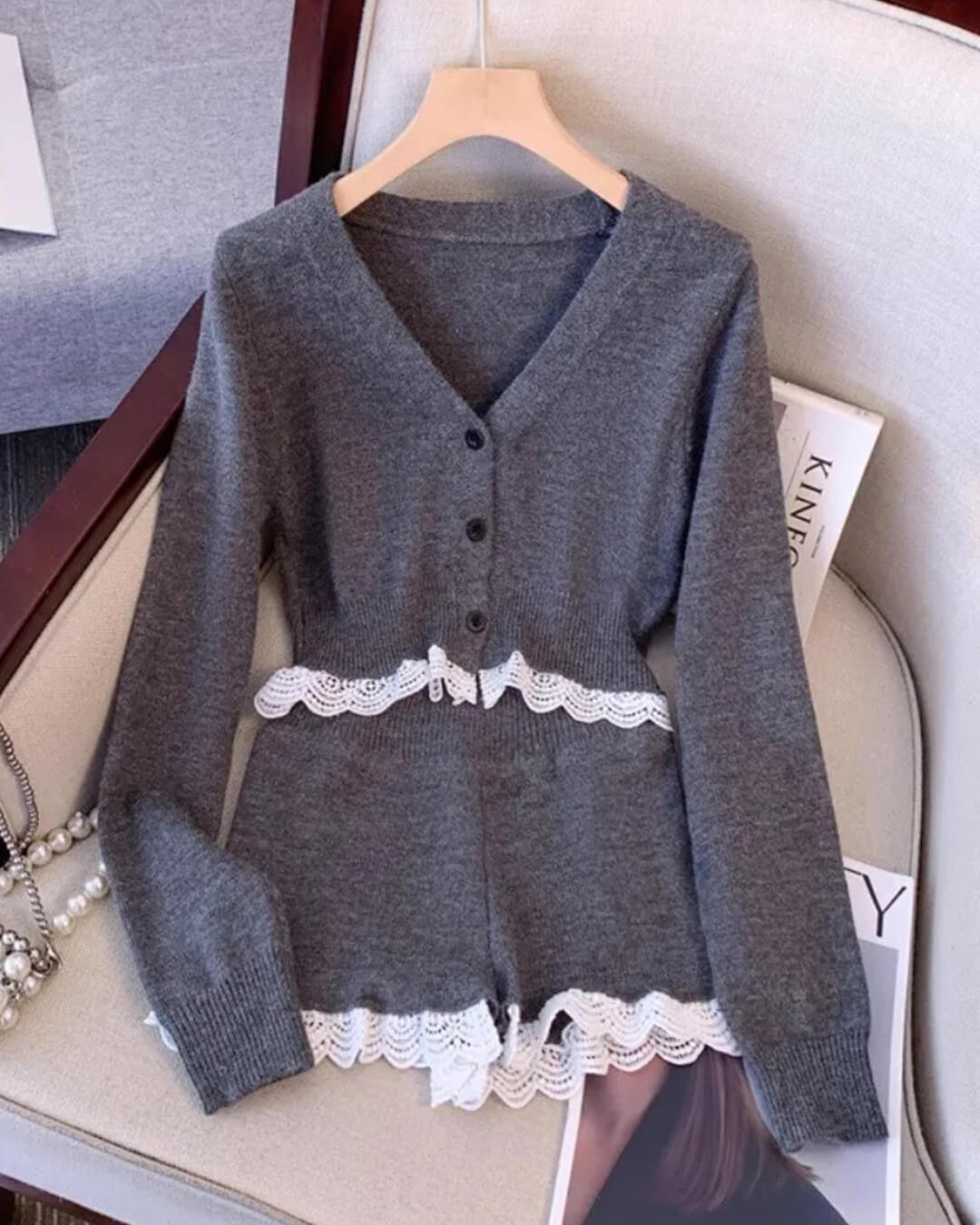Veronica | Lace Trim Cardigan Short Set