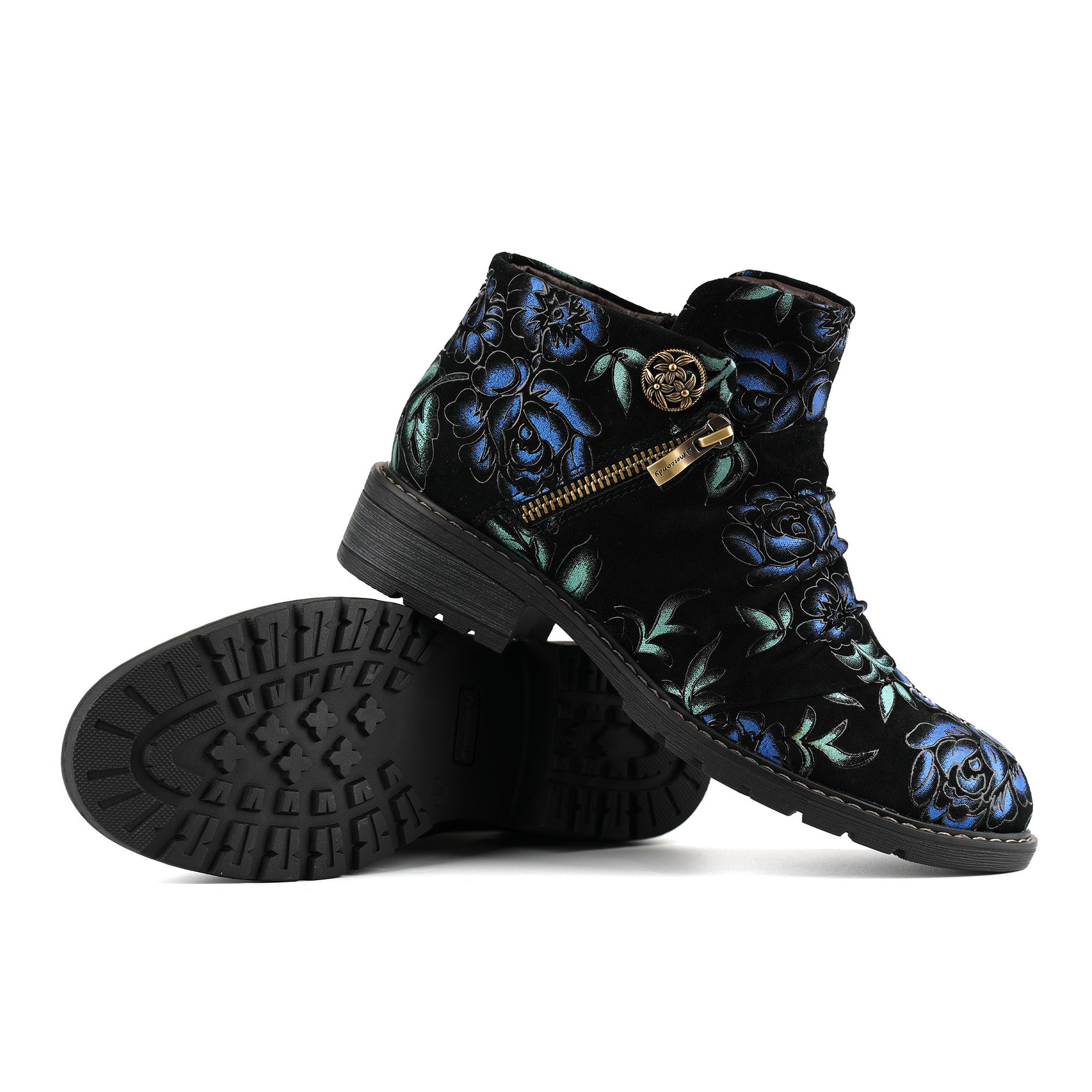 Midnight Floral Velvet Ankle Boots